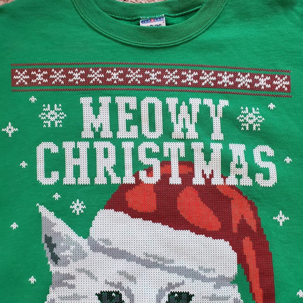 Meowy Christmas Cat Ugly Sweatshirt Unisex Crewneck Size 2XL Green Santa Hat - Picture 3 of 11